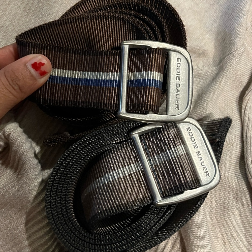 Eddie Bauer 2 nylon adjustable belts a brown and tan striped military